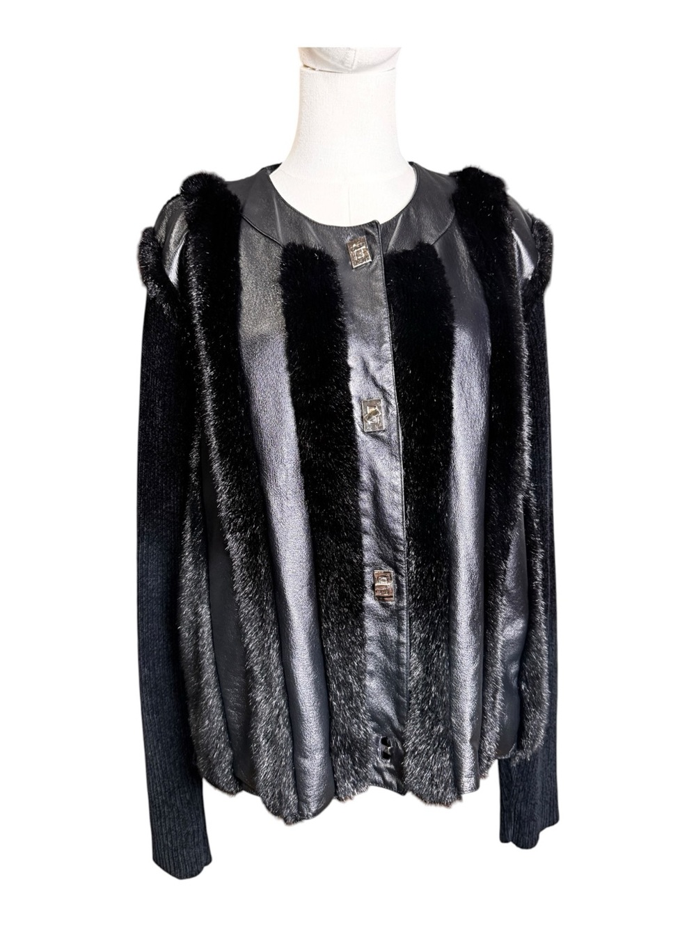 Lisa International Genuine Leather Faux Fur Striped Turn-Lock Knit Jacket Black